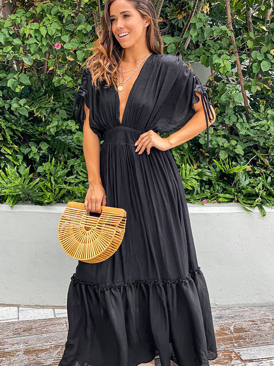 Plunge Neck Tie Sleeve Maxi Dress